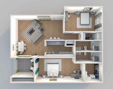 Floor plan for 2 beds, 2 baths, 965 sqft